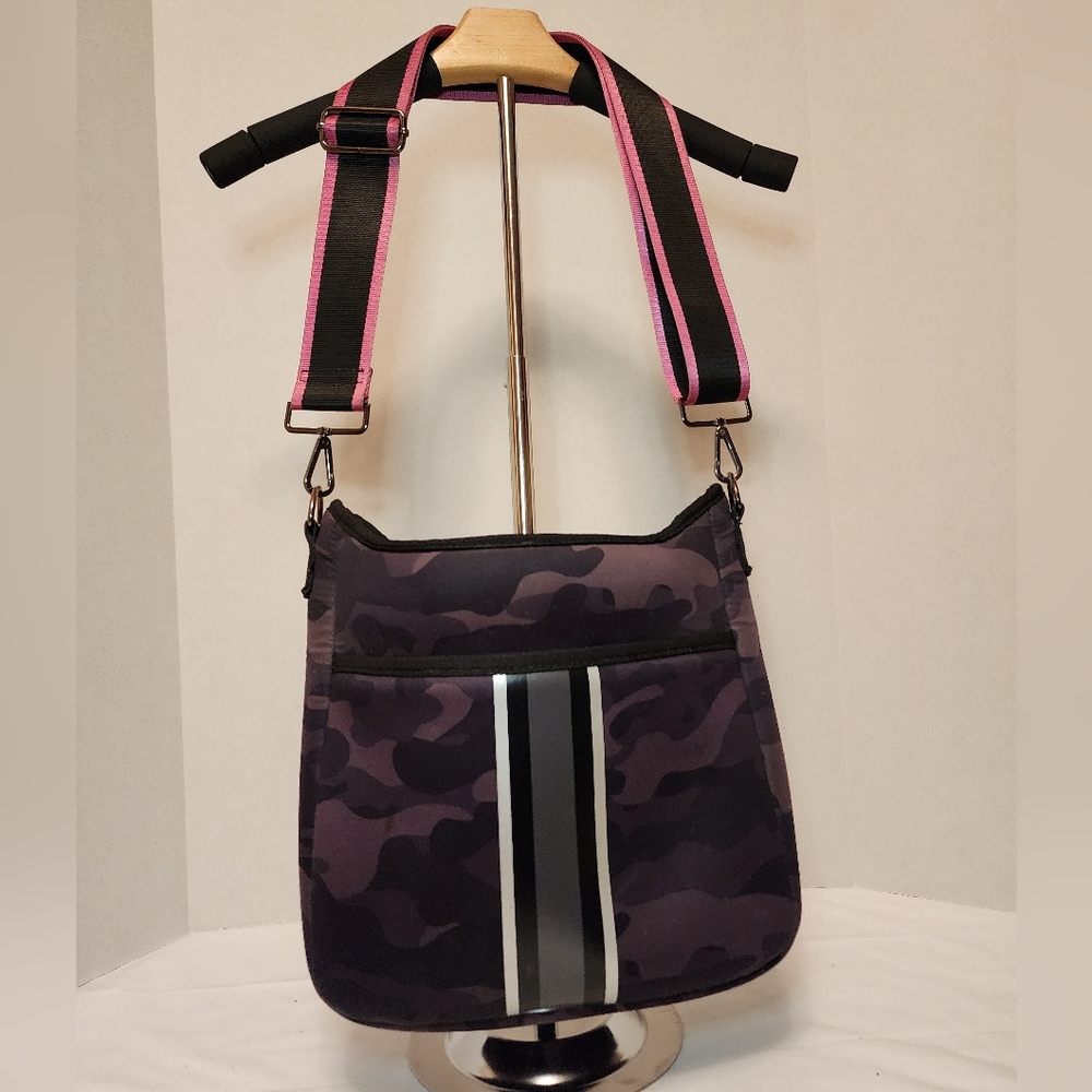 Haute Shore Neoprene Black and Purple Camo Print Crossbody Shoulder Satchel Bag